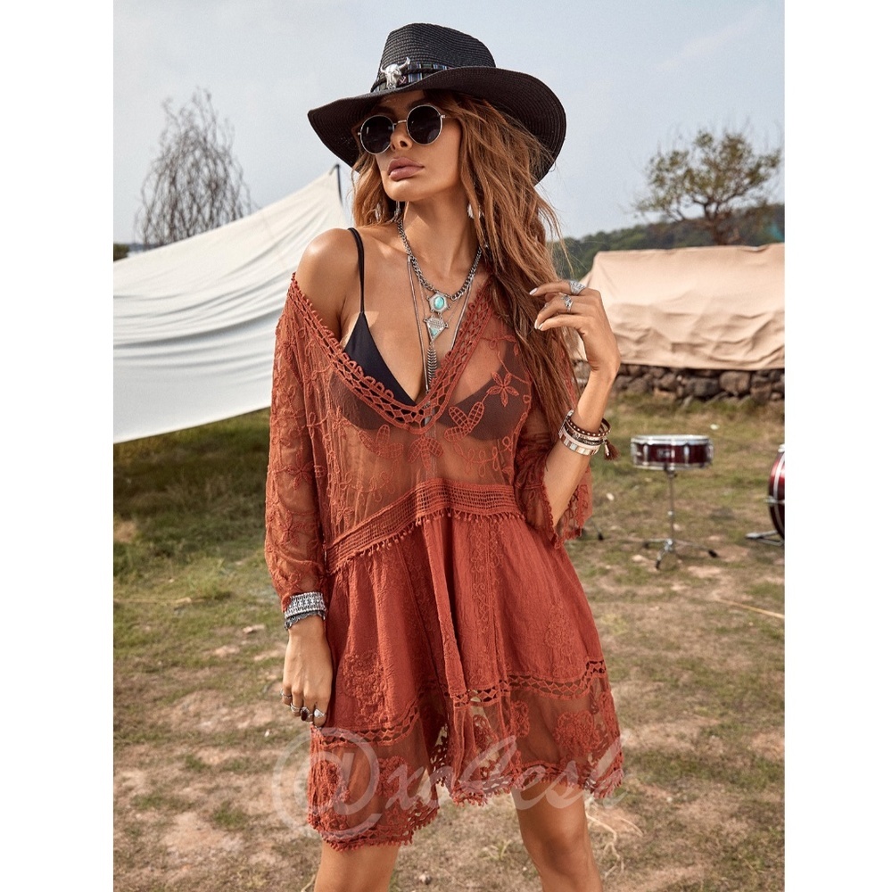 Burnt Orange Lace Coverup Dress Tunic Bohemian Short